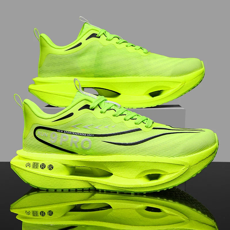 9PRO Storm neon green carbon plate running shoe for road tempo sessions