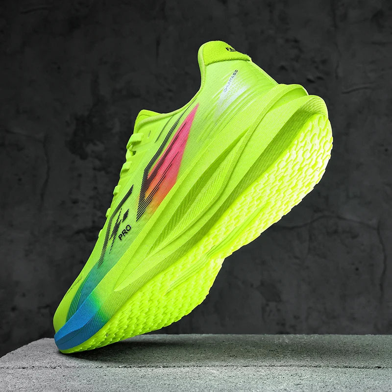 A single neon yellow-green athletic shoe floating against a dark textured studio background, with a pink side accent, black branding, and a blue section near the sole.