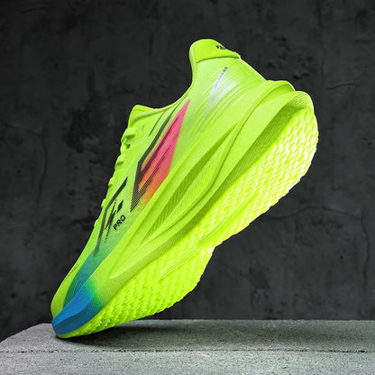 A single neon yellow-green athletic shoe floating against a dark textured studio background, with a pink side accent, black branding, and a blue section near the sole.