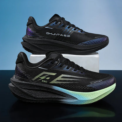 Two black Chunta 6 Pro running shoes with iridescent blue, purple, and green accents, displayed on a reflective dark surface with a white block. One shoe is positioned on top of the other.