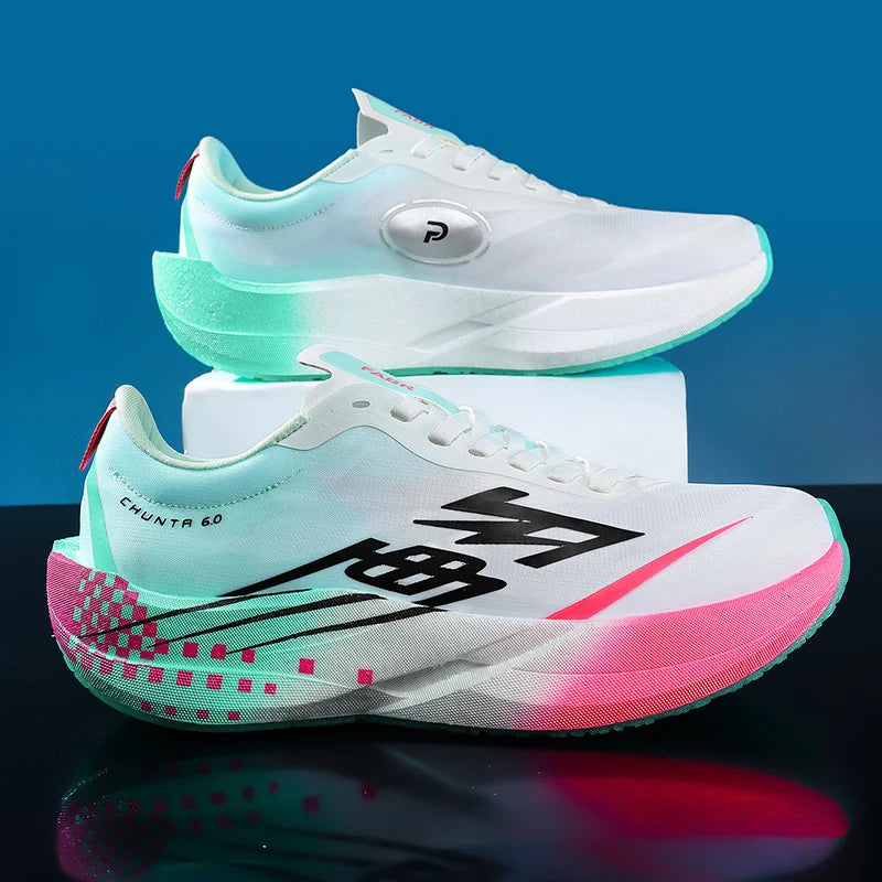 White running shoes with pink and green accents on a reflective surface with a blue gradient background