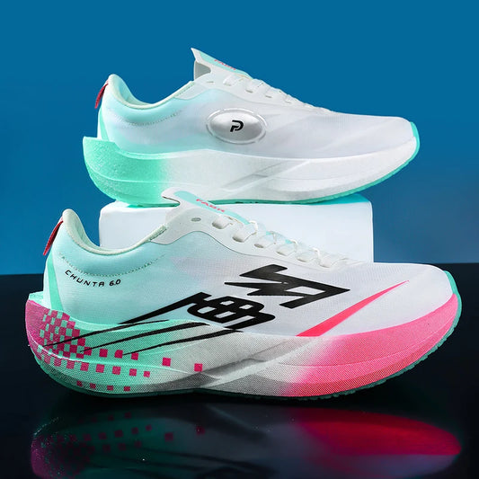 White running shoes with pink and green accents on a reflective surface with a blue gradient background