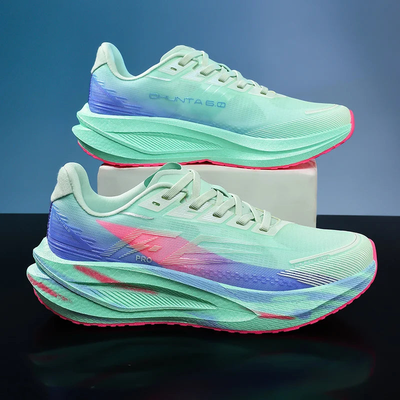 A pair of Chunta 6 running shoes in mint green with blue and pink gradient accents, displayed on a reflective black surface with one shoe resting on top of the other.