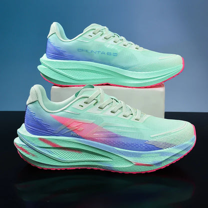 A pair of Chunta 6 running shoes in mint green with blue and pink gradient accents, displayed on a reflective black surface with one shoe resting on top of the other.