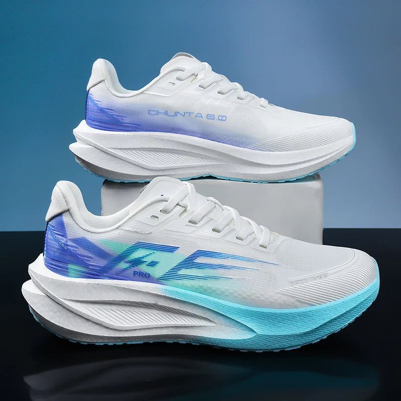 A pair of white Chunta running shoes with blue and teal gradient accents, shown on a reflective dark surface with a blue gradient background.